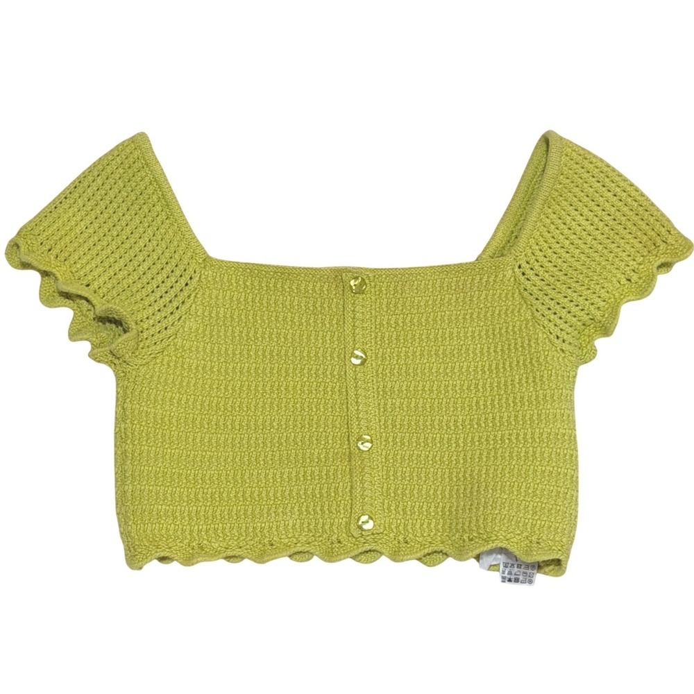 Zara Knit Crop Top Women Small Green Crochet Short Sleeve Button Front Scallop